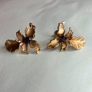 Vintage Golden Flower with purple colored gems Earrings & Brooch